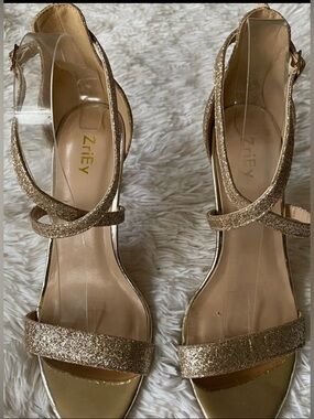 Golden glitter ankle wrap strap heels formal  sandals, Sz 7.5M